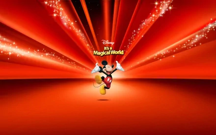 A vibrant HD wallpaper featuring Mickey Mouse in a dynamic pose, surrounded by sparkling rays and the text Disney It's a Magical World. A colorful celebration of Disney magic.
