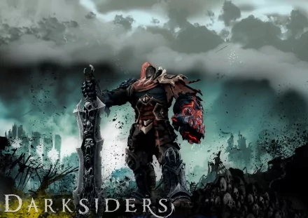 A striking HD desktop wallpaper featuring a character from the video game Darksiders, set against a dramatic, moody landscape filled with ruins and dark clouds.