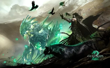 HD PC desktop wallpaper featuring a dynamic scene from the video game Guild Wars 2, showcasing a mystical armored figure, a dark-cloaked character, and flying crows in a dramatic landscape.
