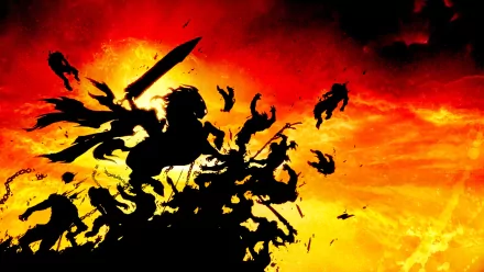 Video game Darksiders HD PC desktop wallpaper: silhouetted rider brandishing a sword as ravens swirl against a fiery red-orange sky.