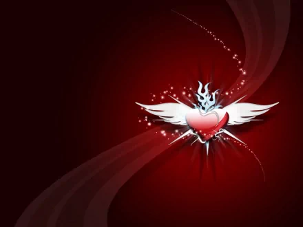 Artistic HD wallpaper featuring a fiery heart with wings against a deep red background, symbolizing love.