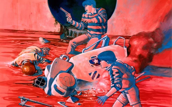 Kei and Shotaro Kaneda from the anime Akira are depicted in this HD wallpaper, surrounded by vibrant red tones and dynamic action elements, capturing the essence of the iconic series.