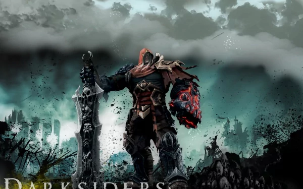 A striking HD desktop wallpaper featuring a character from the video game Darksiders, set against a dramatic, moody landscape filled with ruins and dark clouds.