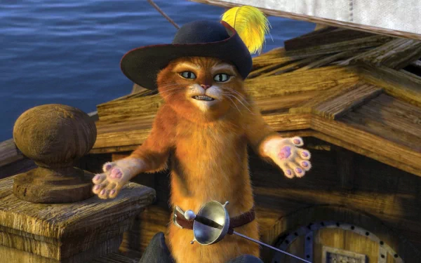 HD desktop wallpaper featuring Puss in Boots from the movie Puss in Boots, standing on a wooden deck, wearing his iconic hat with a feather and a belt with a sword.
