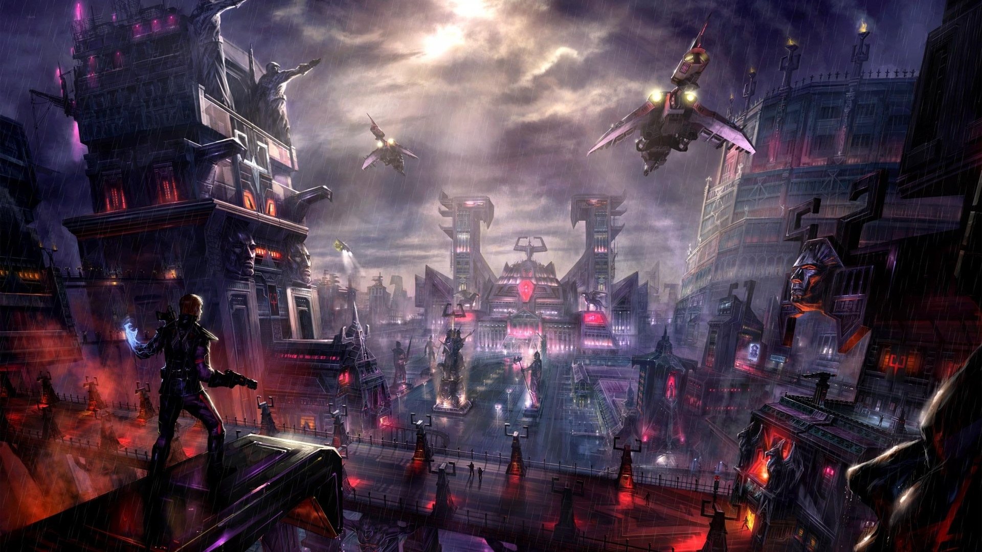 Futuristic sci-fi cityscape with towering buildings, glowing neon lights, and flying vehicles under a dramatic, cloudy sky, designed as an HD PC desktop wallpaper.