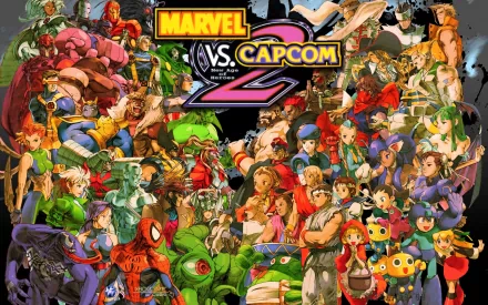 HD desktop wallpaper featuring Marvel vs. Capcom 2 characters including Gambit, Spider-Man, Venom, Wolverine, Captain America, Doctor Doom, Cyclops, and Iron Man in vibrant video game art.