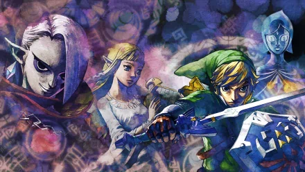 A vibrant 4K Ultra HD wallpaper featuring characters from The Legend of Zelda: Skyward Sword, including Link, Princess Zelda, Ghirahim, and Fi, set against a mystical background.