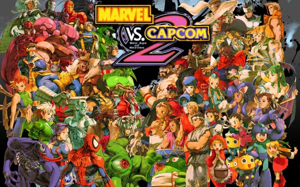 HD desktop wallpaper featuring Marvel vs. Capcom 2 characters including Gambit, Spider-Man, Venom, Wolverine, Captain America, Doctor Doom, Cyclops, and Iron Man in vibrant video game art.