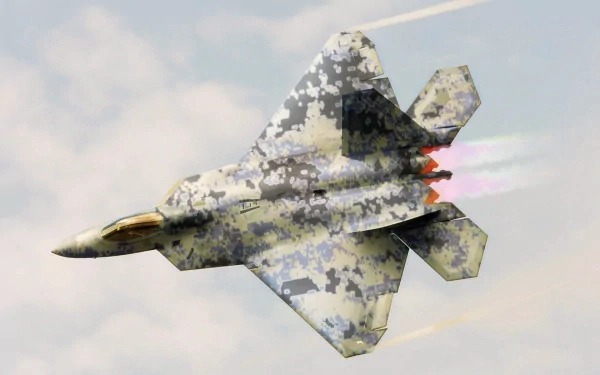 A Lockheed Martin F-22 Raptor soaring through the sky, showcasing its camouflage design and afterburners, set against a backdrop of clouds. High-definition military wallpaper.
