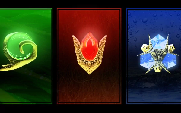 HD PC desktop wallpaper featuring the three spiritual stones from the video game The Legend of Zelda: Ocarina of Time, each set against vibrant green, red, and blue backgrounds.