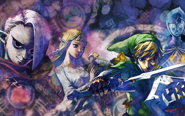 A vibrant 4K Ultra HD wallpaper featuring characters from The Legend of Zelda: Skyward Sword, including Link, Princess Zelda, Ghirahim, and Fi, set against a mystical background.