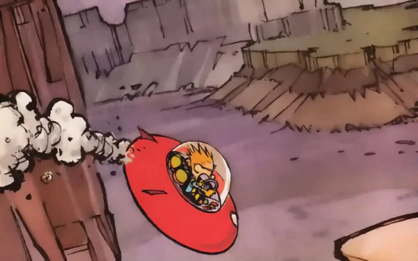 HD PC desktop wallpaper featuring Calvin from Calvin & Hobbes in a red spacecraft, set against a stylized comic backdrop.
