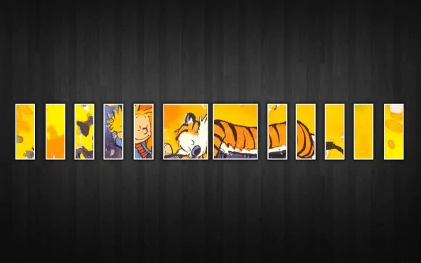 A colorful collage featuring Calvin and Hobbes from the comic series, presented as an HD desktop wallpaper with vibrant yellow tones and playful scenes.