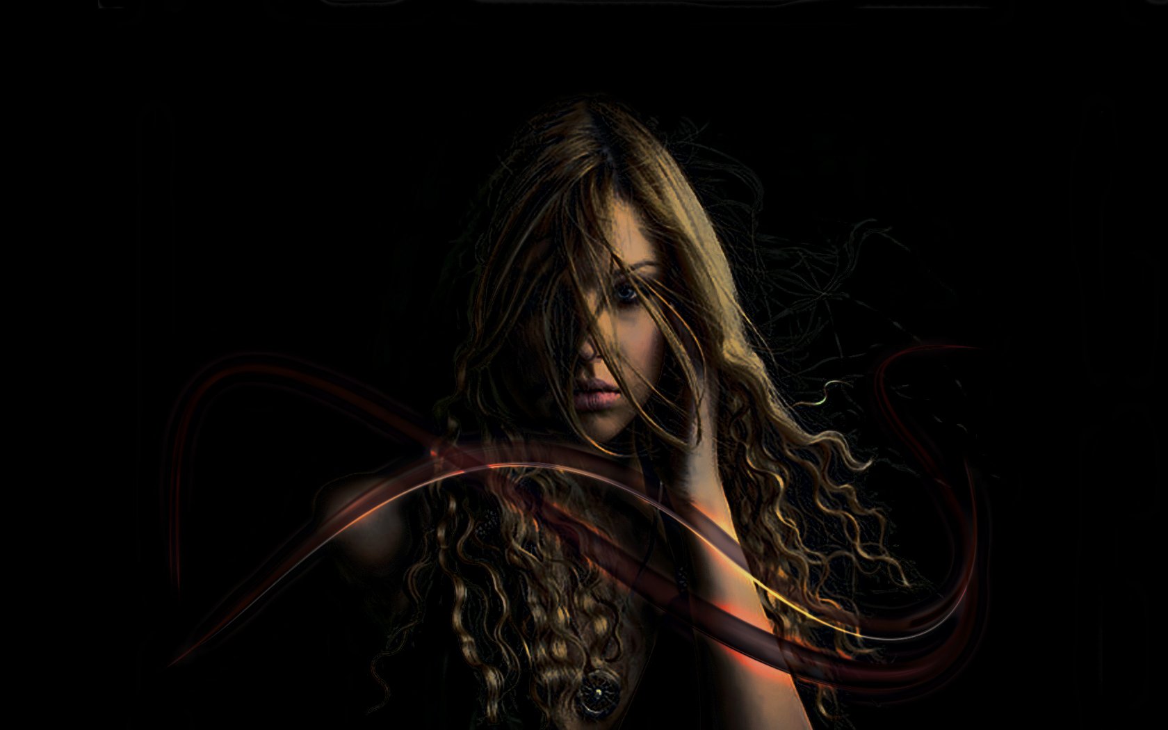 HD PC desktop wallpaper featuring an artistic portrait of a woman with long, wavy hair against a dark background, accented by subtle light streaks.