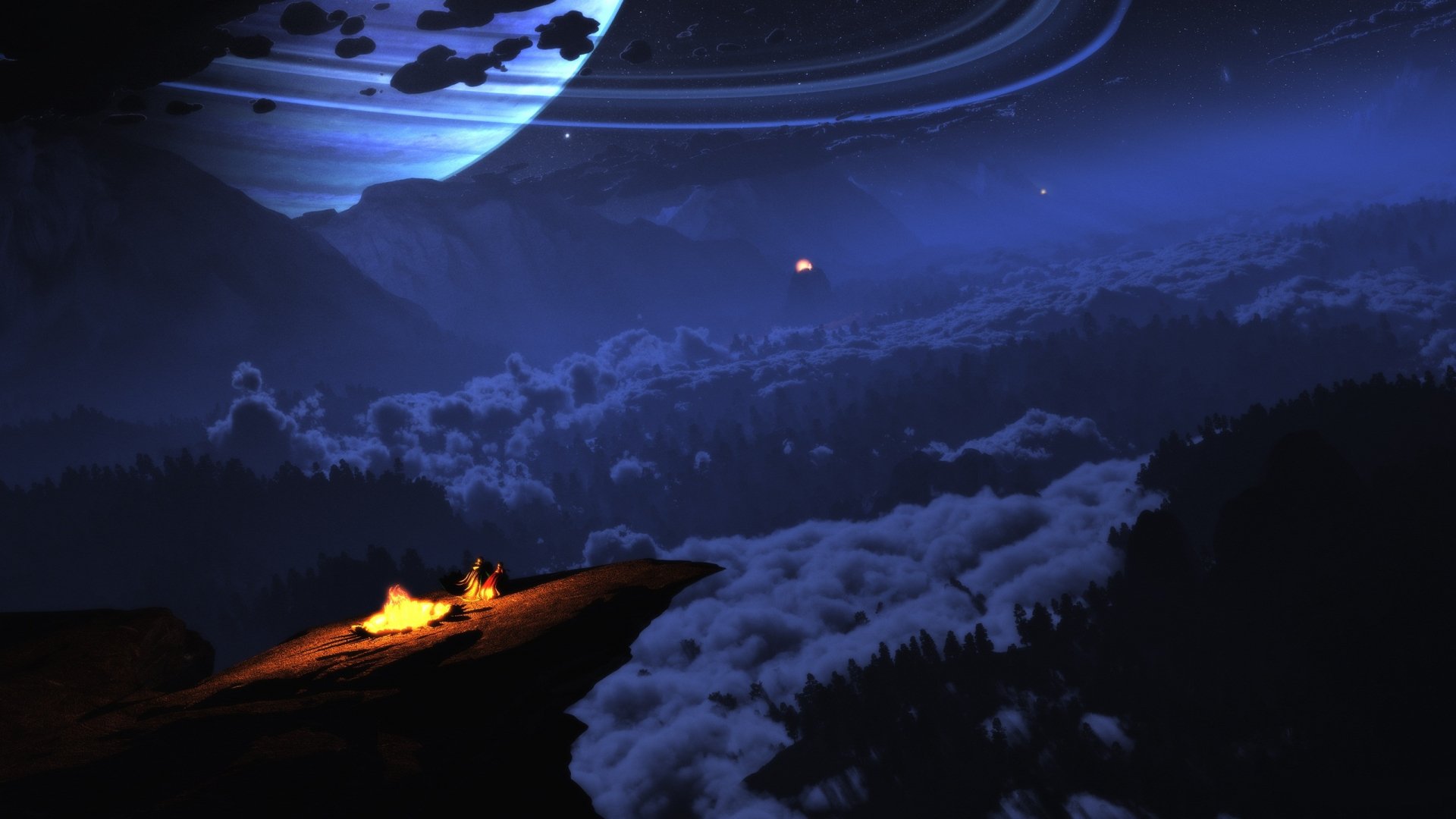 A captivating fantasy landscape featuring a serene campfire on a rocky ledge, set against a stunning backdrop of swirling clouds and a massive planet with vibrant rings in a starry night sky.