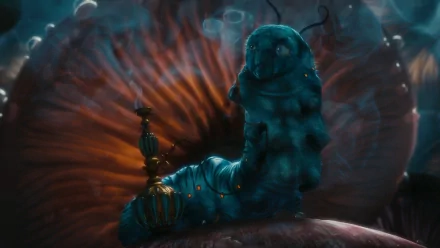 HD desktop wallpaper from the movie Alice in Wonderland (2010) featuring the blue Caterpillar character sitting on a mushroom in a dark, surreal forest setting.