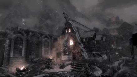 Snow-covered building from The Elder Scrolls V: Skyrim, set in a winter landscape, rendered in high-definition for a PC desktop wallpaper background.