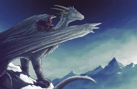 HD fantasy PC desktop wallpaper featuring a majestic dragon perched on a snowy cliff, overlooking distant mountains under a twilight sky.