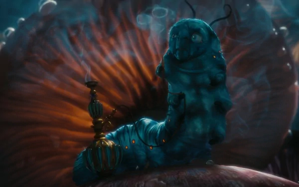 HD desktop wallpaper from the movie Alice in Wonderland (2010) featuring the blue Caterpillar character sitting on a mushroom in a dark, surreal forest setting.