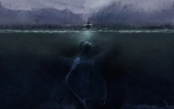 A dark fantasy wallpaper featuring a haunting underwater scene with a monstrous figure emerging from the depths, evoking themes of Cthulhu and the supernatural.