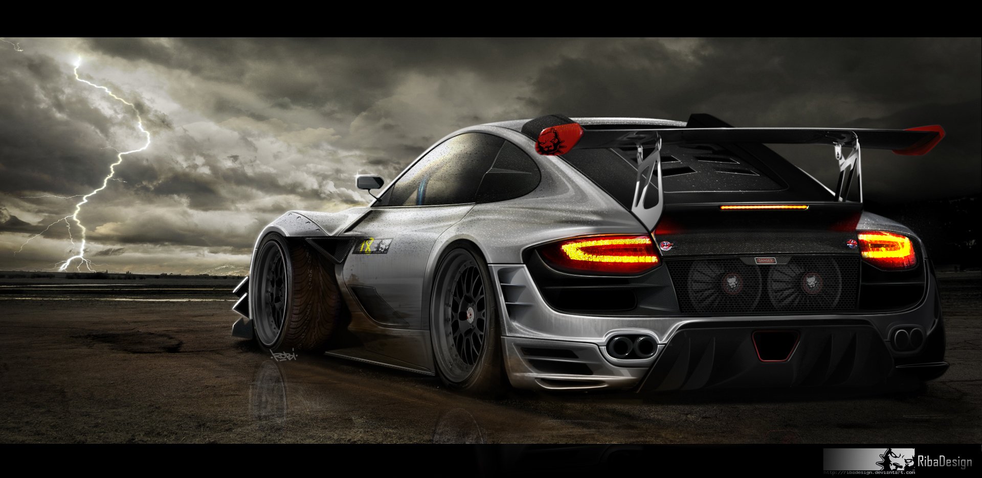 HD PC desktop wallpaper featuring a sleek silver Porsche sports car under a stormy sky with lightning in the background.