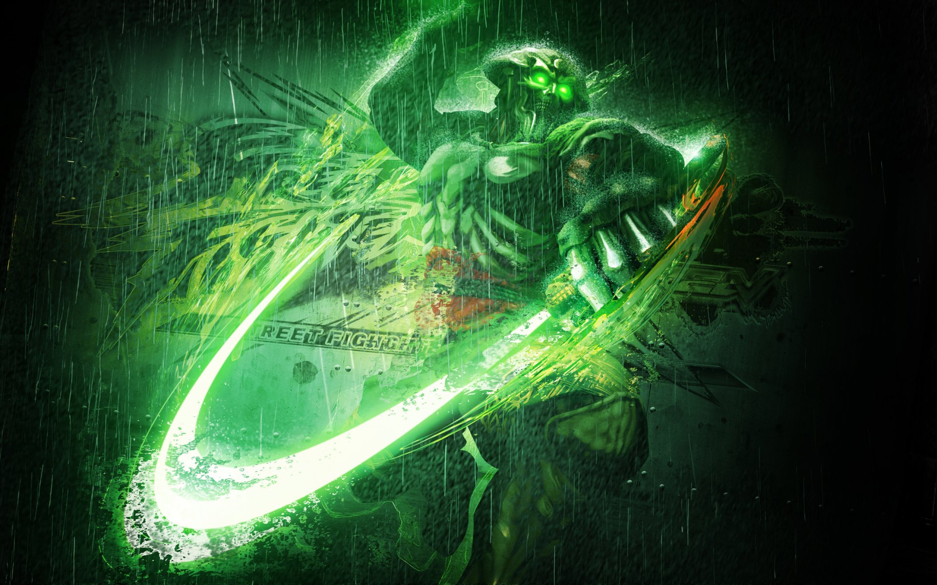 Green-lit Street Fighter X Tekken artwork: hulking fighter slashing a glowing energy blade through rain, dynamic motion and splatter — 2K Quad HD PC desktop wallpaper and background.