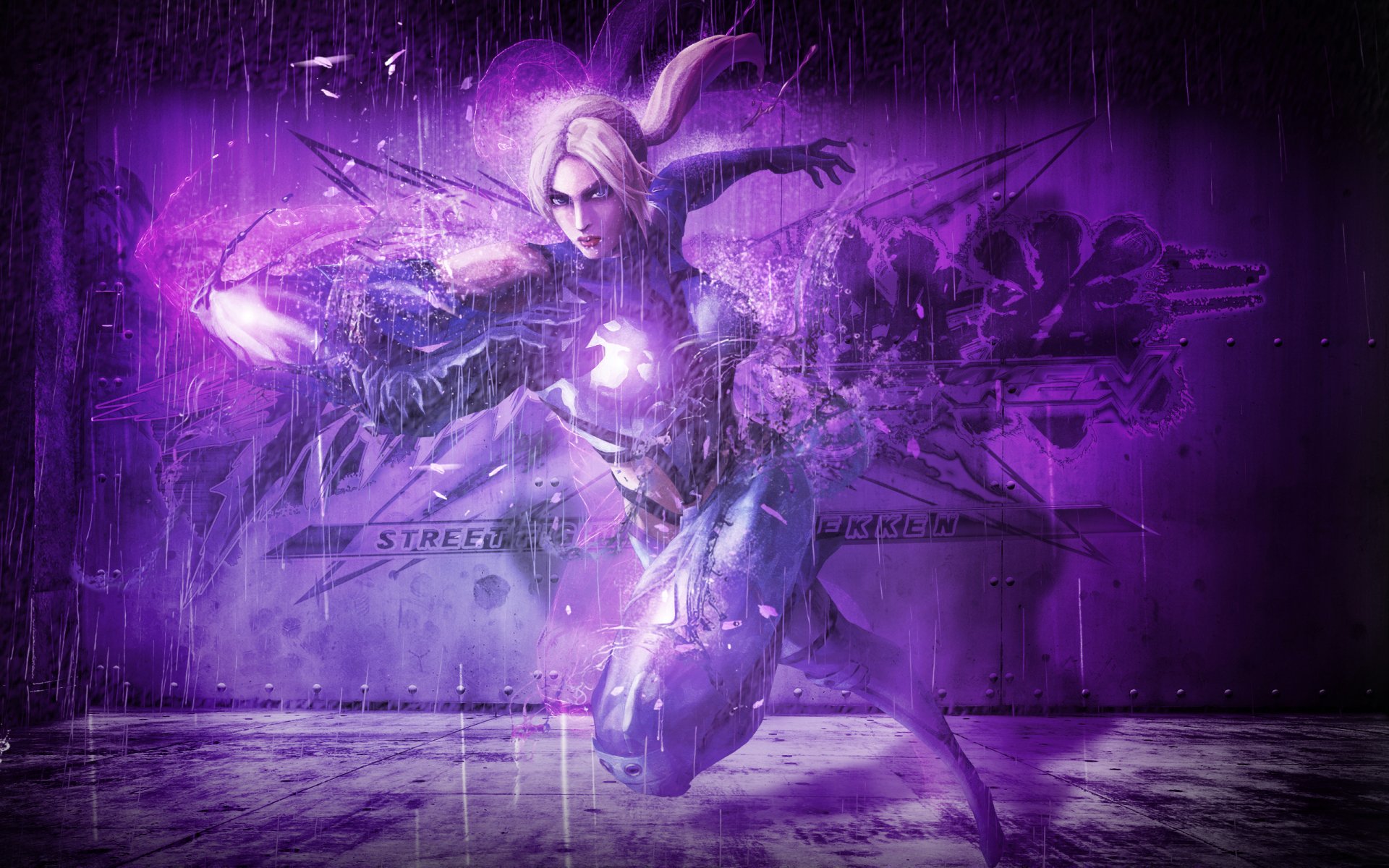 HD PC desktop wallpaper featuring a dynamic character from the video game Street Fighter X Tekken, set against a vibrant purple and black background.
