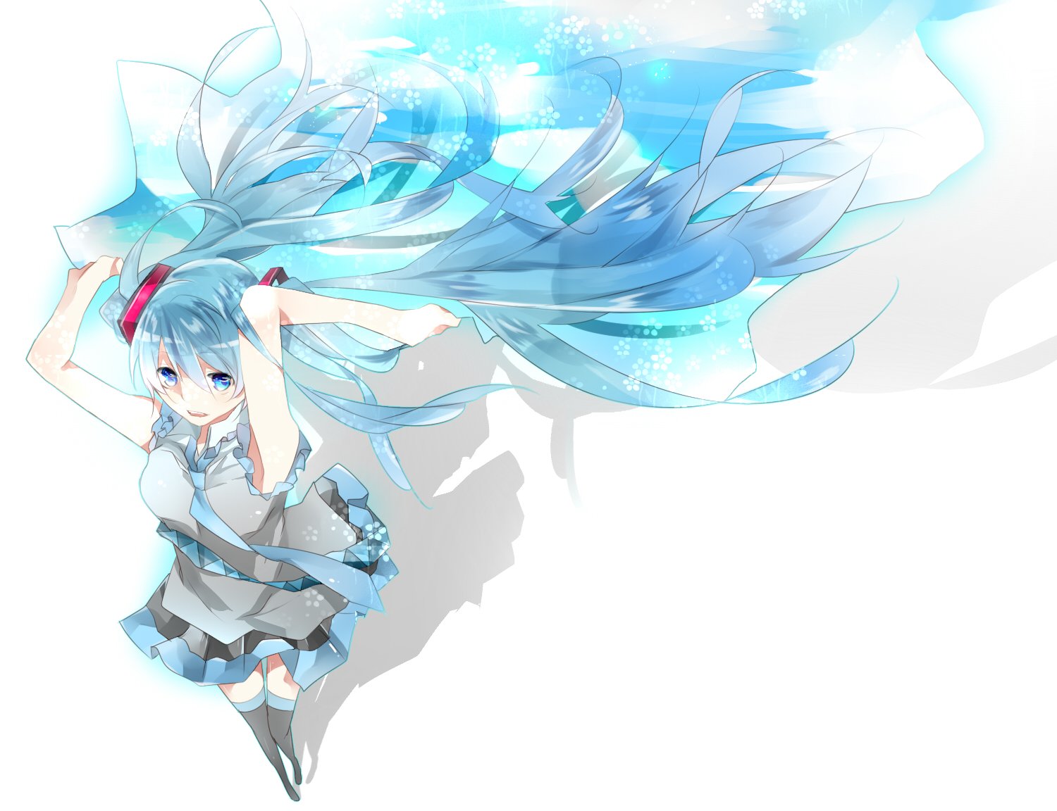 HD PC wallpaper of Hatsune Miku: blue-and-white Vocaloid anime art with flowing aqua twin-tails, short dress and dynamic pose against a bright white background.