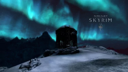 Winter landscape from The Elder Scrolls V: Skyrim video game, featuring a snowy mountain with a dark tower under vibrant northern lights, presented as an HD PC desktop wallpaper.