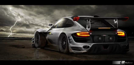 HD PC desktop wallpaper featuring a sleek silver Porsche sports car under a stormy sky with lightning in the background.