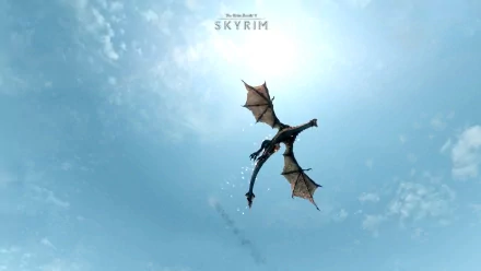 A majestic dragon soars through a bright blue sky, showcasing the immersive world of The Elder Scrolls V: Skyrim in this stunning HD desktop wallpaper.