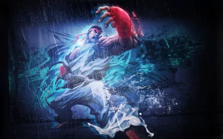 HD PC desktop wallpaper featuring a dynamic Street Fighter X Tekken character with glowing effects and water splashes in an intense video game scene.