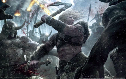 HD PC desktop wallpaper depicting an intense battle scene from the video game Viking: Battle for Asgard, featuring fierce warriors clashing amid a stormy battlefield.