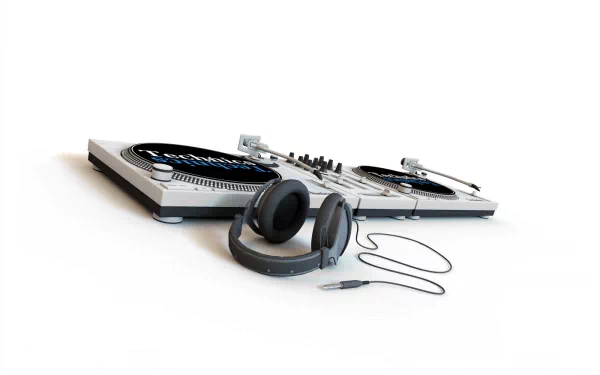 A sleek DJ setup featuring turntables and headphones, embodying the vibrant energy of trance music. This HD desktop wallpaper adds a dynamic touch to any background.