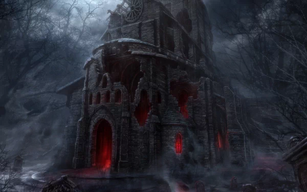 A dark, atmospheric HD wallpaper depicting a haunting, dilapidated building with glowing red elements, inspired by the world of Diablo III.