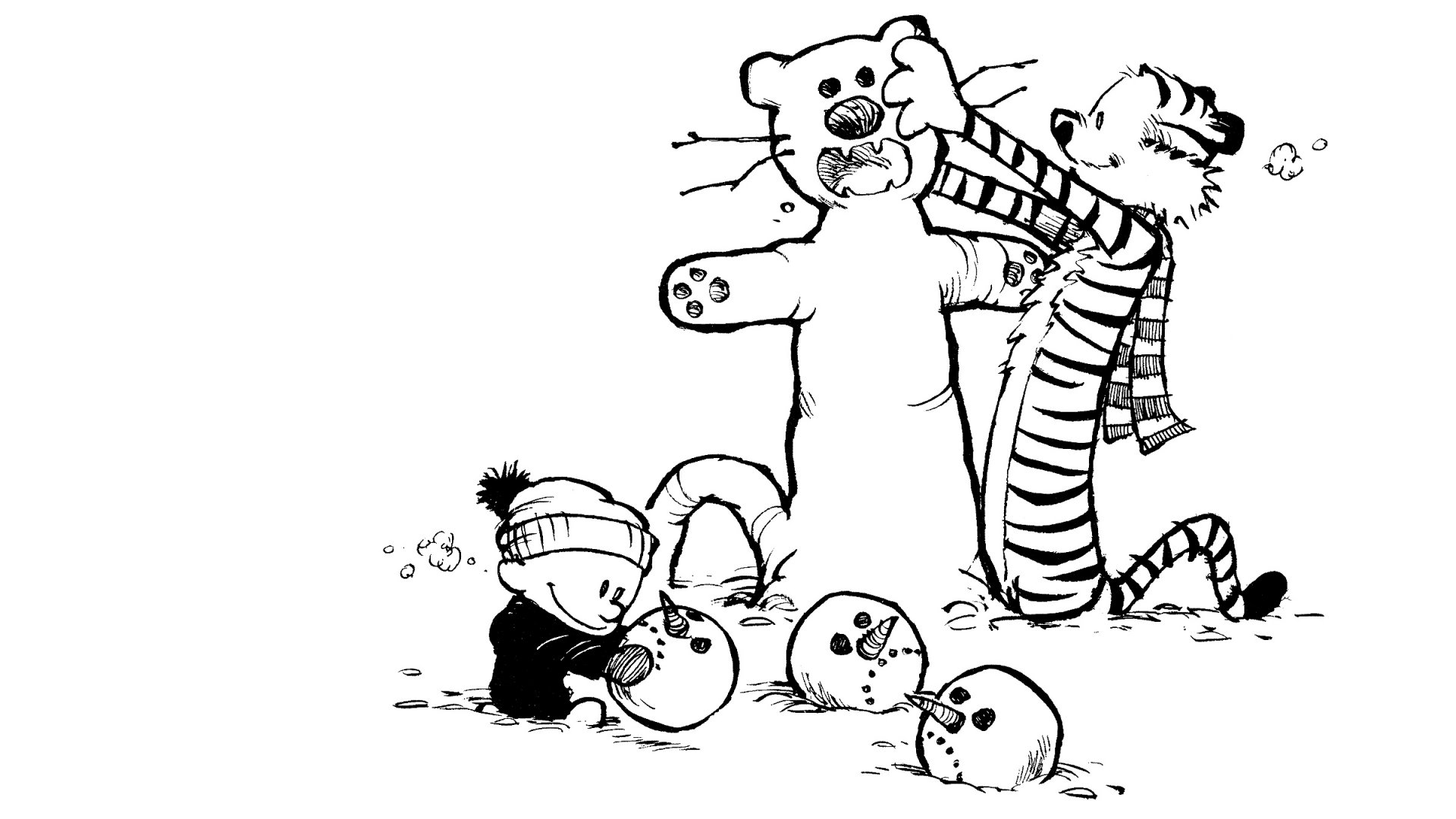 HD PC desktop wallpaper: black-and-white Calvin and Hobbes comic — Calvin molds snowmen while Hobbes hoists a tall bear-shaped snow sculpture.
