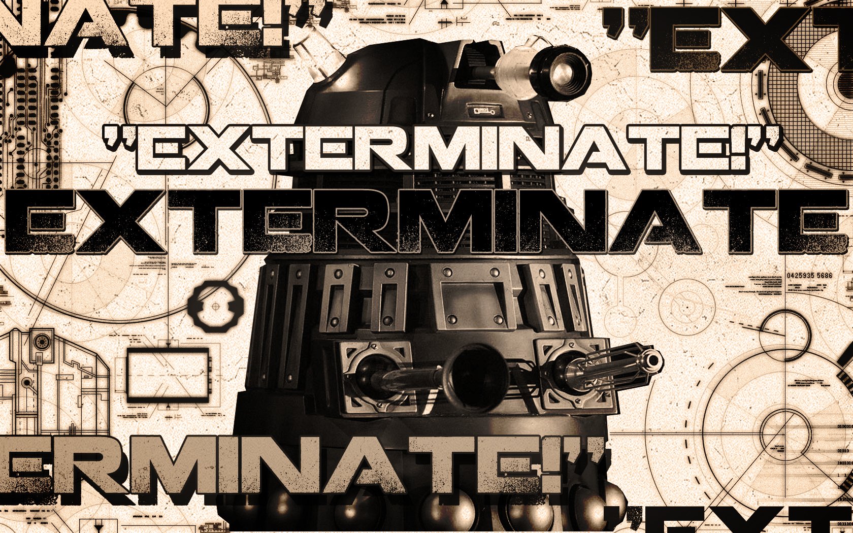 HD PC desktop wallpaper featuring a Dalek from the 2005 TV show Doctor Who, with the word EXTERMINATE! boldly overlaid in a mechanical, sci-fi style.