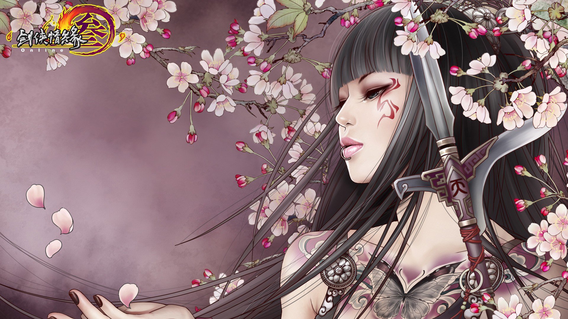 A striking HD wallpaper from JX Online, featuring a serene character adorned with intricate tattoos and surrounded by blooming cherry blossoms.