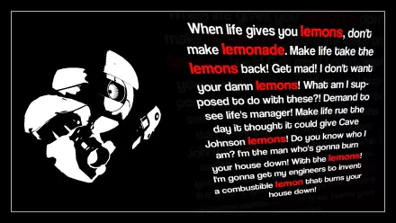 HD PC desktop wallpaper featuring a bold, stylized image and a fiery text quote inspired by the video game Portal 2, highlighting lemons and lemonade.