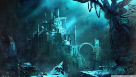 Fantasy castle emerging from mist over a dark ocean, surrounded by rocky cliffs and twisted trees, portrayed in a moody, atmospheric HD PC desktop wallpaper.