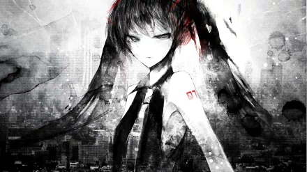 A striking dark anime wallpaper featuring Hatsune Miku, showcasing her in black tones against an urban backdrop, blending Vocaloid themes with a moody aesthetic.