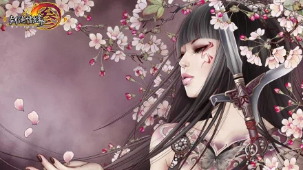 A striking HD wallpaper from JX Online, featuring a serene character adorned with intricate tattoos and surrounded by blooming cherry blossoms.