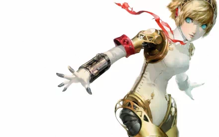 Aigis from Persona 3, a blonde cyborg with short hair and blue eyes, wearing headphones and a sleek outfit, reaching out confidently in this HD desktop wallpaper.