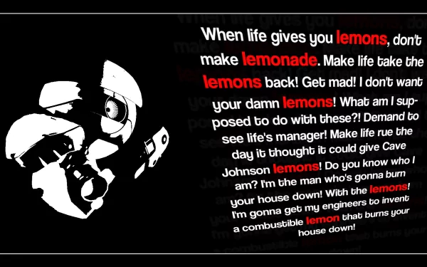 HD PC desktop wallpaper featuring a bold, stylized image and a fiery text quote inspired by the video game Portal 2, highlighting lemons and lemonade.