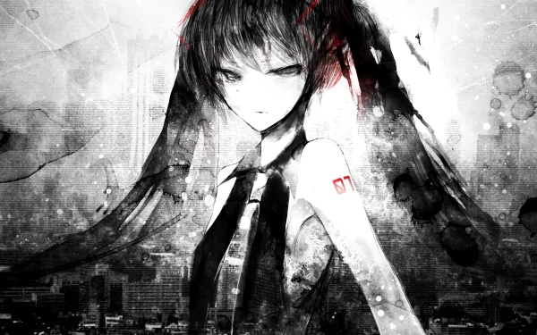 A striking dark anime wallpaper featuring Hatsune Miku, showcasing her in black tones against an urban backdrop, blending Vocaloid themes with a moody aesthetic.