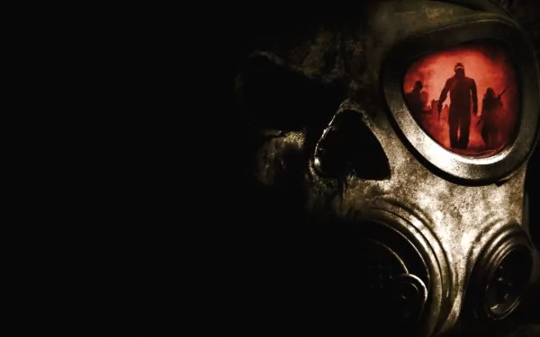 A dark-themed HD desktop wallpaper featuring a gas mask with a haunting red reflection of shadowy figures, creating an eerie and atmospheric backdrop.