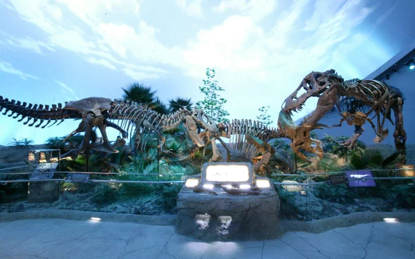 HD desktop wallpaper featuring an animal fossil skeleton of dinosaurs displayed in a museum setting, with a background of a blue sky and plants.