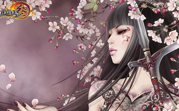 A striking HD wallpaper from JX Online, featuring a serene character adorned with intricate tattoos and surrounded by blooming cherry blossoms.