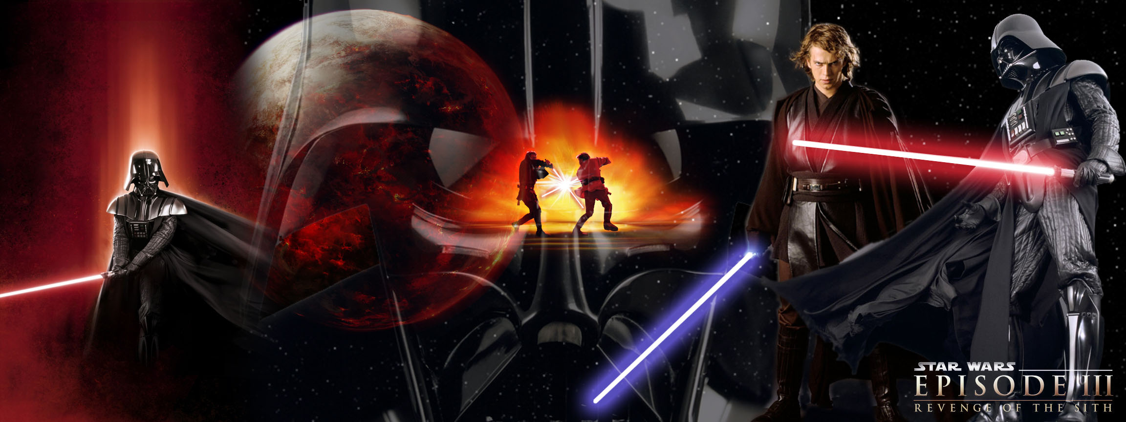 Darth Vader, Anakin Skywalker, and Obi-Wan Kenobi engage in lightsaber duel on a dark background.