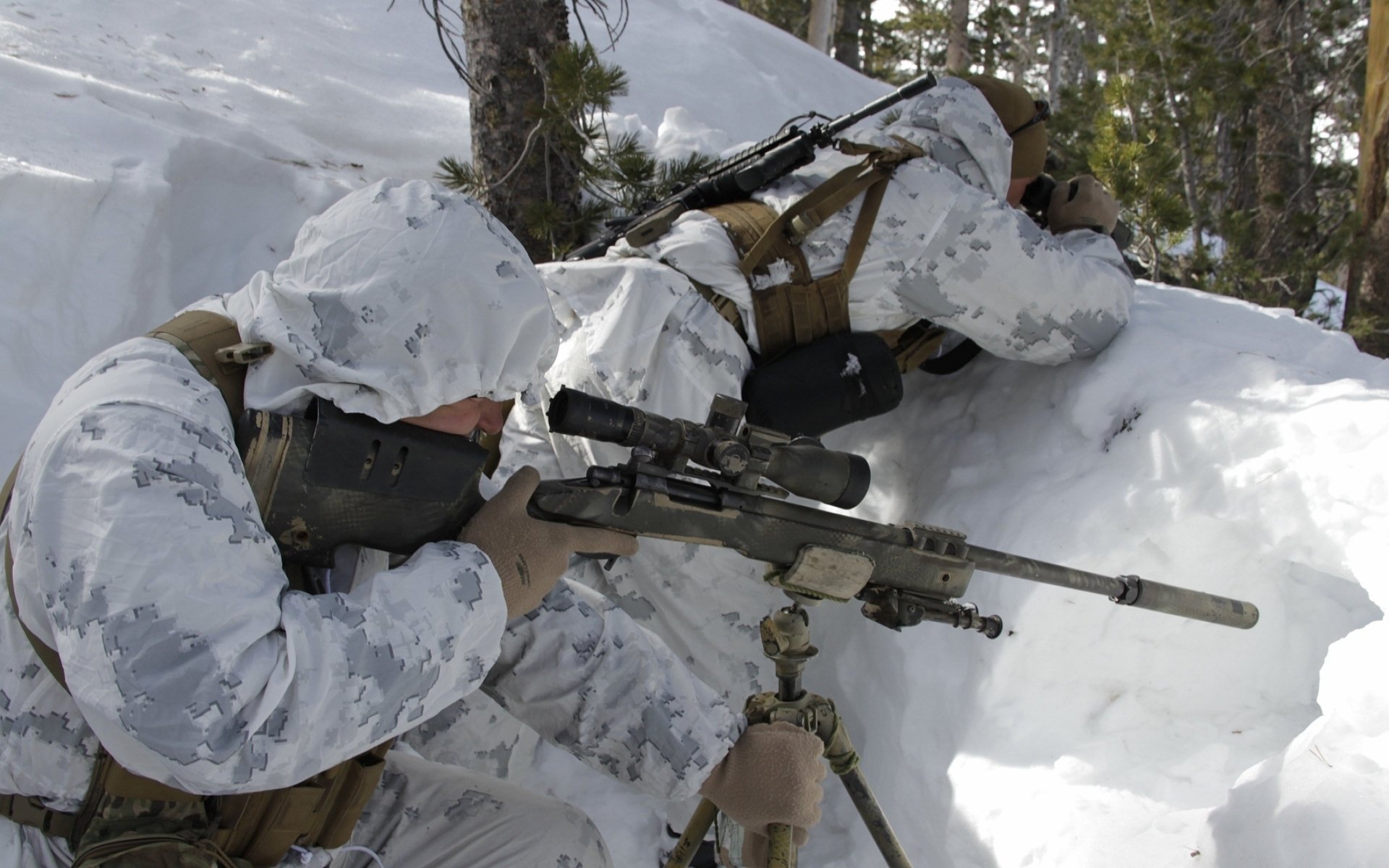 U.S. Army Infantry snipers in white camouflage gear aiming rifles in a snowy forest, depicted in a high-definition military desktop wallpaper.